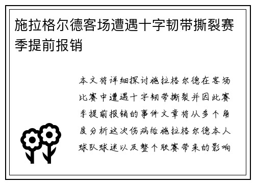 施拉格尔德客场遭遇十字韧带撕裂赛季提前报销